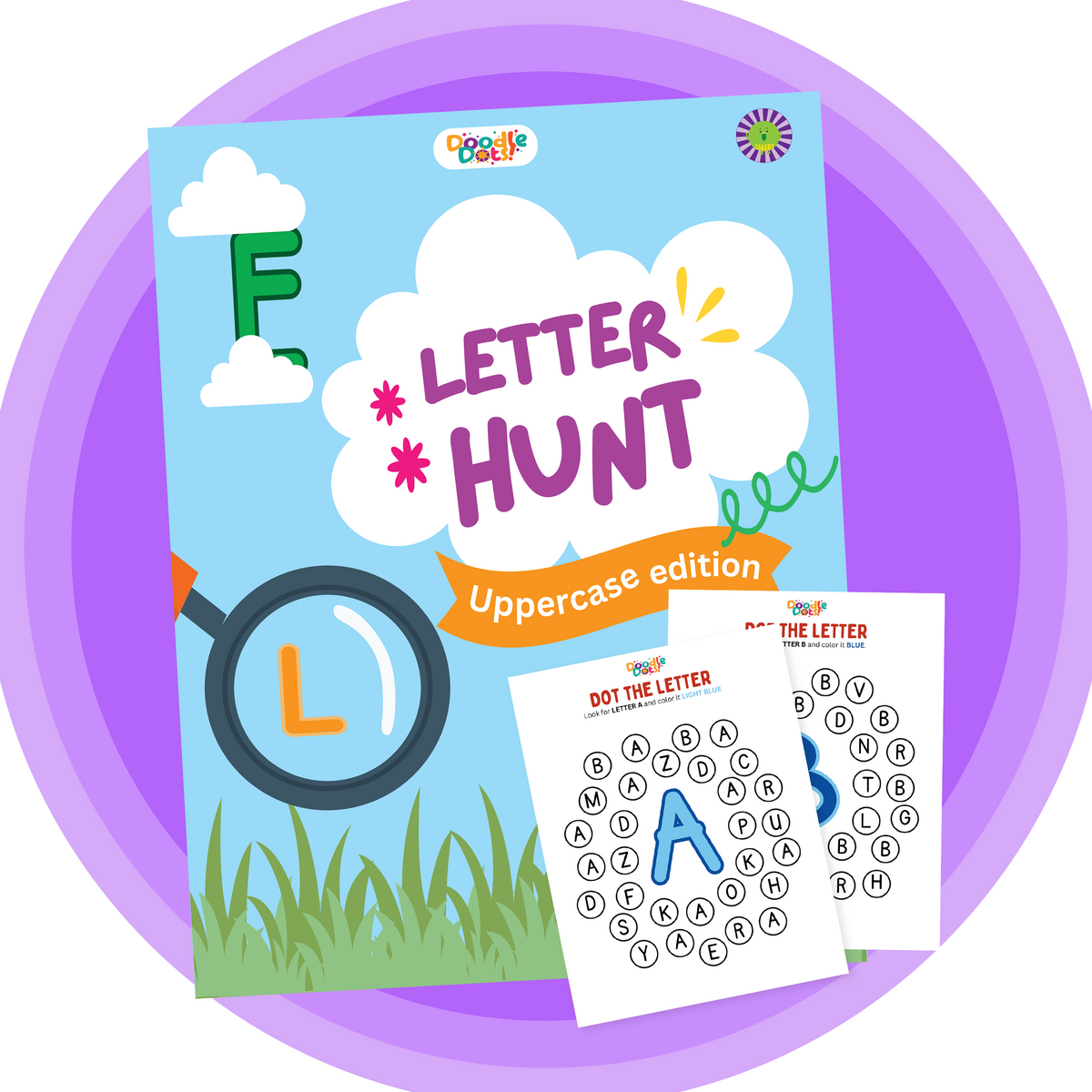 Uppercase Alphabet Hunt dot marker worksheet — Doodle Dots (Doodle Smart)