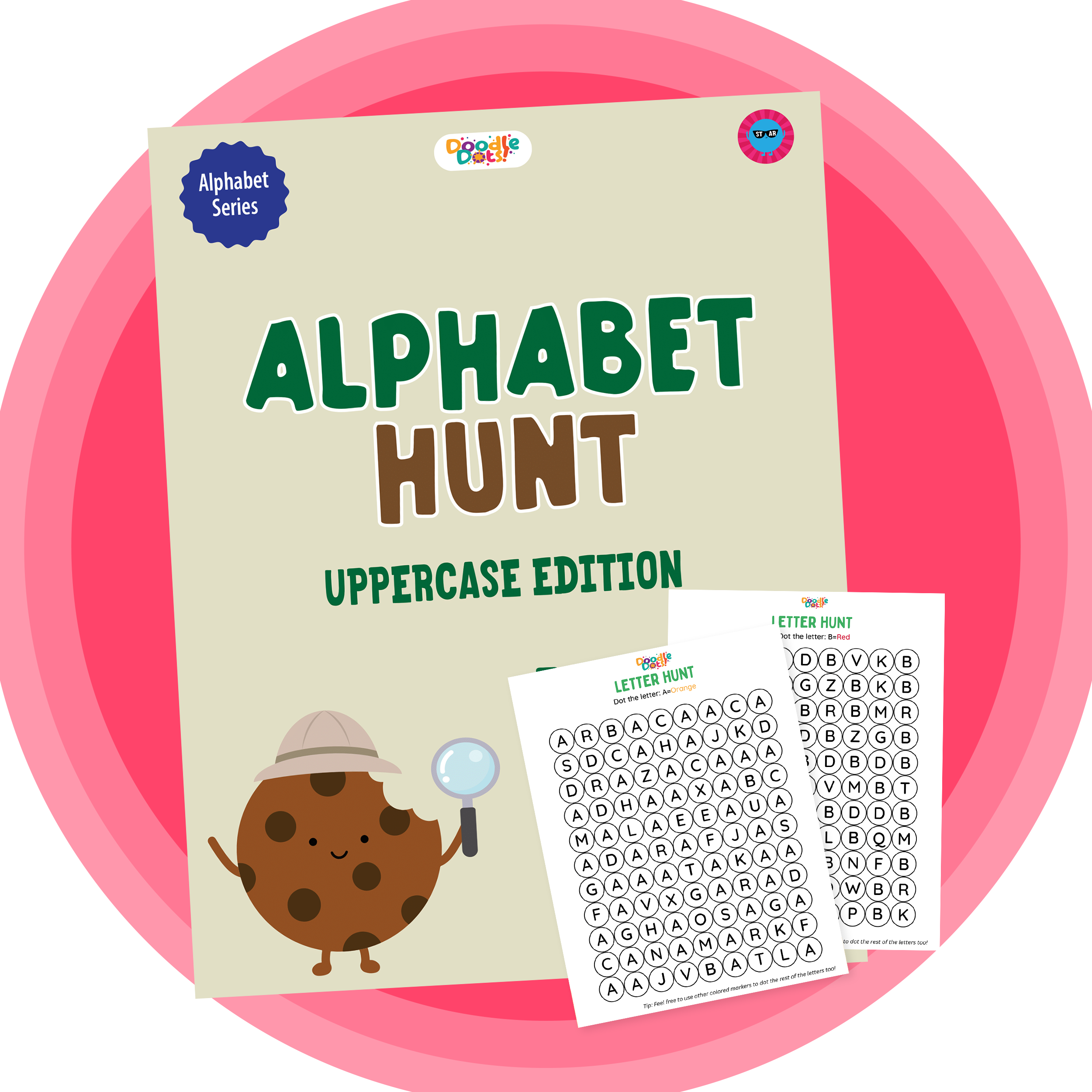 Alphabet Hunt Uppercase Edition dot marker worksheet pack — Doodle Dots (ages 4-9)